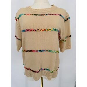BiB! Women's Beige Knit Sweater Colorful Embroidered Stripes Short Sleeve Size M
